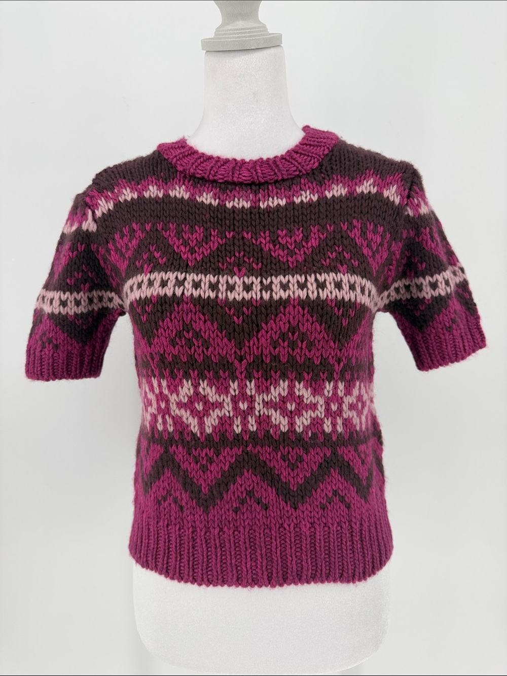 Ramy Brook Fair Isle Wool Blend Short Sleeve Sweater Pink Brown XS